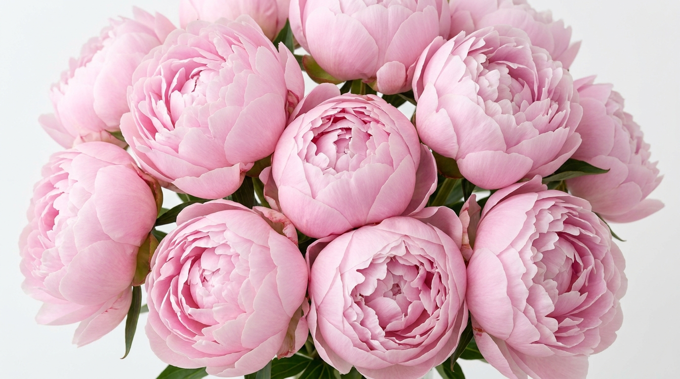 Ultra-high resolution, sharp focus editorial photography of a lush, dense bouquet of light pink peonies.